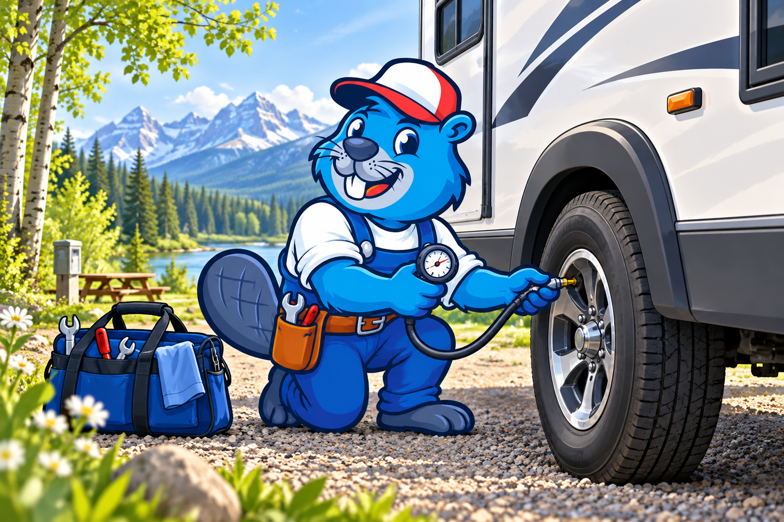 BlueBeaver mascot checking trailer tire pressure in a spring maintenance illustration