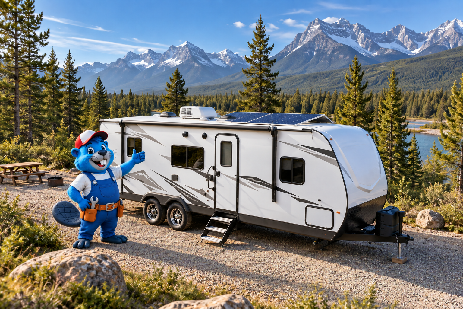 BlueBeaver mascot beside a solar-equipped RV in an illustrative Alberta mountain setting